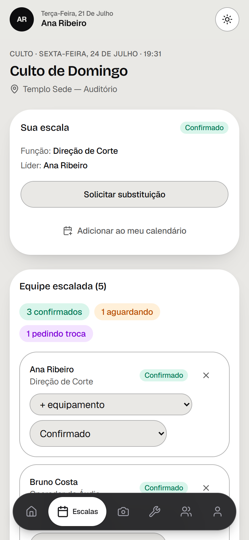 Detalhe da escala com a equipe