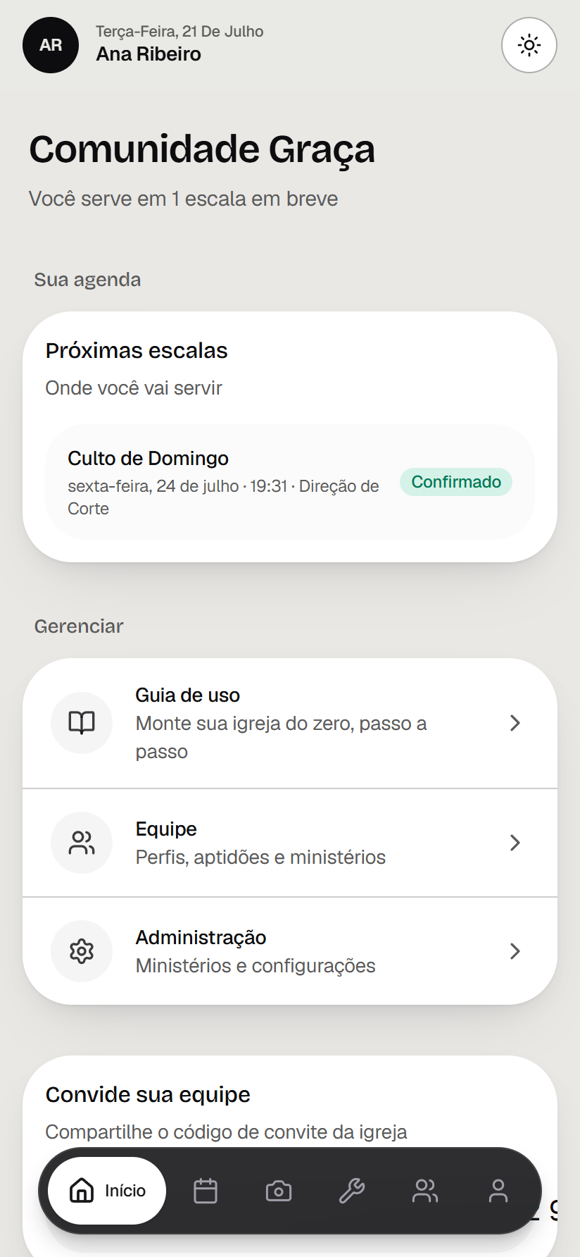 Tela inicial com as próximas escalas